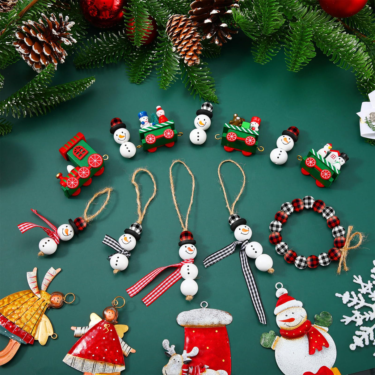 Landical 180 Piece DIY Christmas Snowman Wooden Bead Crafts Christmas DIY Ornaments Red Black Buffalo Plaid Wood Round Bead Xmas Print Wooden Beads with Twine Scarf for Crafts Landical