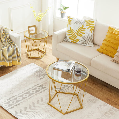 HOOBRO Small Coffee Table Set of 2, Round Coffee End Table with Metal Frame, Glass Top, Gold Side Table for Living Room, Bedroom and Balcony, Modern Style, Gold GD79BZ01 HOOBRO