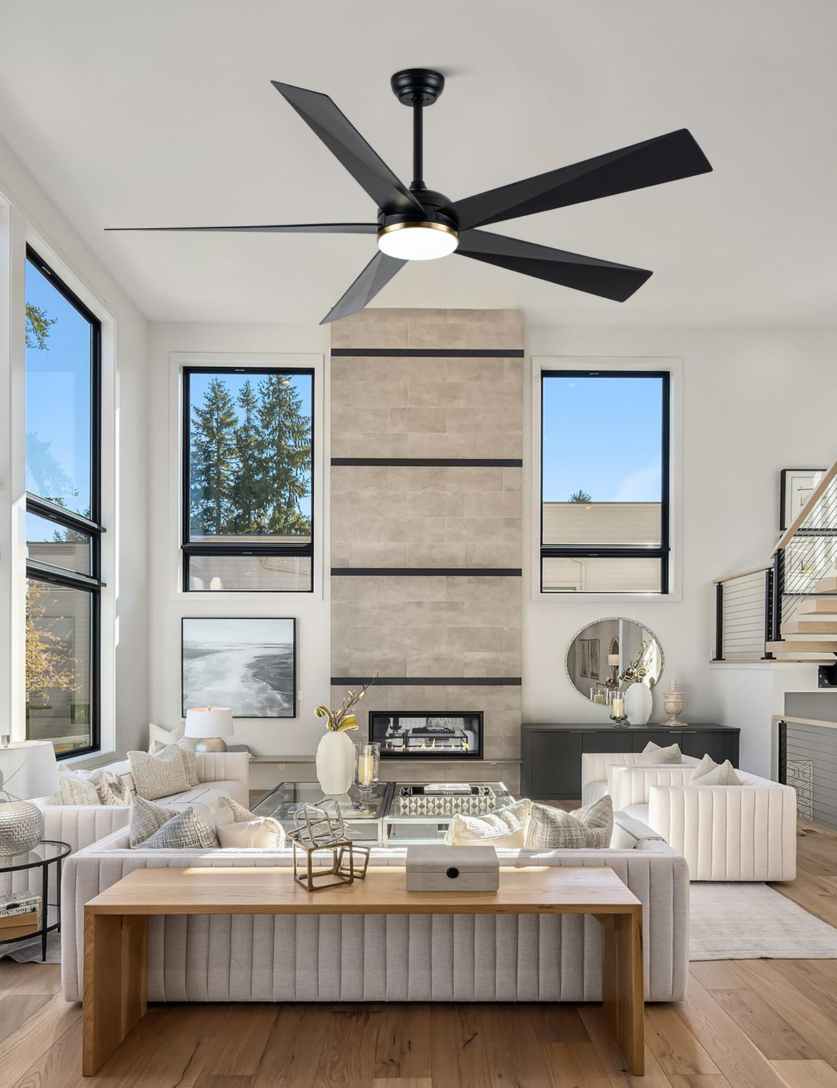 Curve Curio 65 Inch Ceiling Fans with Lights, Black Large Modern Ceiling Fan with Remote Control for Living Room Kitchen, 3 CCT, 6 Speed Reversible DC Motor (Black-Rattan) Curve Curio