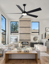 Curve Curio 65 Inch Ceiling Fans with Lights, Black Large Modern Ceiling Fan with Remote Control for Living Room Kitchen, 3 CCT, 6 Speed Reversible DC Motor (Black-Rattan) Curve Curio