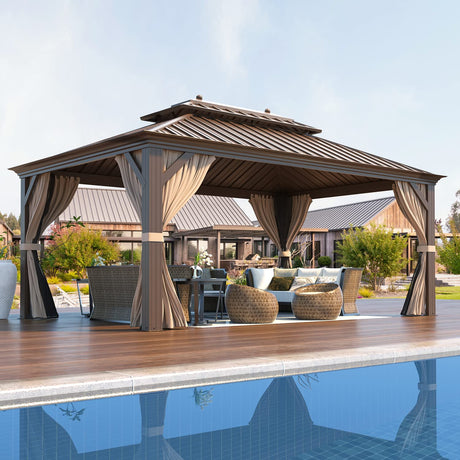 EROMMY 12'x16' Hardtop Gazebo Double Roof Galvanized Steel Canopy Outdoor Aluminum Frame Permanent Metal Pavilion with Netting and Curtains for Patio Backyard Deck and Lawns EROMMY