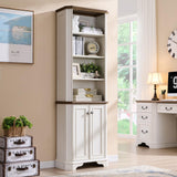 T4TREAM 6-Tier Bookshelf with Storage, 72" Tall Farmhouse Bookcase with Doors and Adjustable Shelves, Wooden Floor Standing Display Book Shelf Organizer for Home Office, Antique White T4TREAM