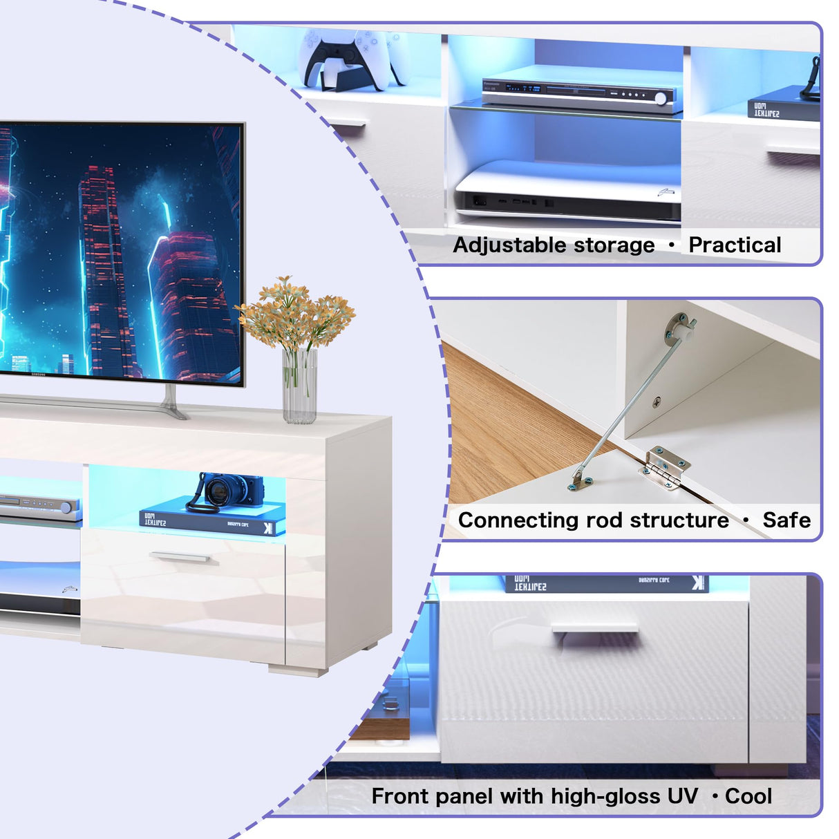 SANYOAC White TV Stand for 50/55/65 Inch TV, Entertainment Center with Led Lights, Modern TV Stands for Bedroom, TV Console with Storage and Shelves for Living Room Bedroom SANYOAC