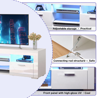 SANYOAC White TV Stand for 50/55/65 Inch TV, Entertainment Center with Led Lights, Modern TV Stands for Bedroom, TV Console with Storage and Shelves for Living Room Bedroom