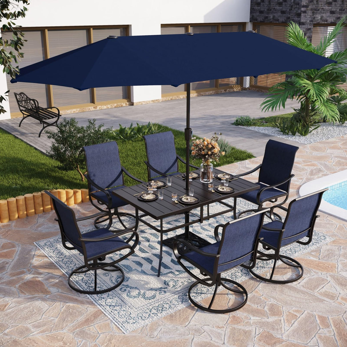 PHI VILLA 8 Piece Patio Dining Set with 13ft Patio Umbrella (Navy Blue), 6 Outdoor Swivel Dining Chairs & 1 Large Metal Dining Table with 1.57" Umbrella Hole, for Lawn Garden Backyard PHI VILLA