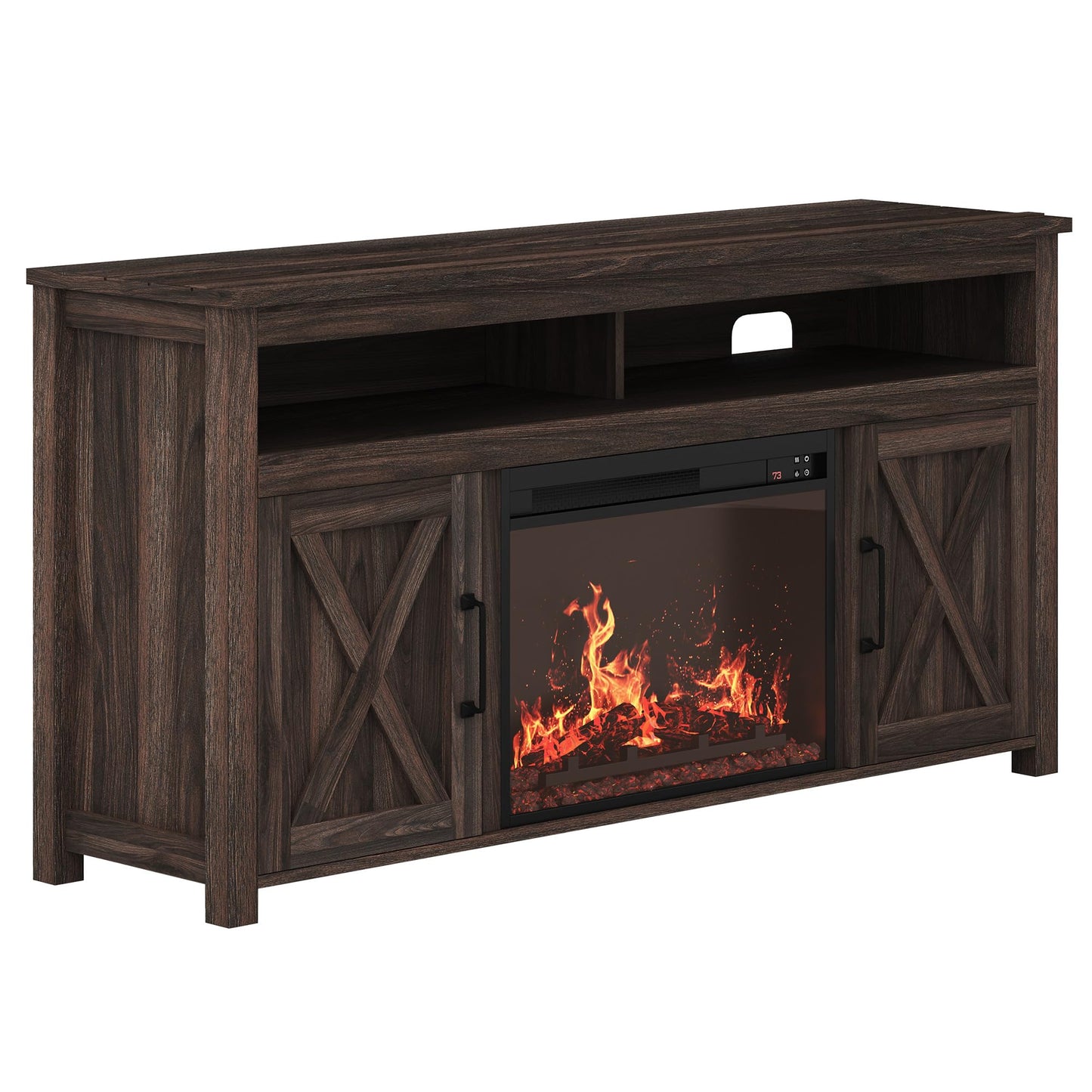 BELLEZE Barn Door Wood Electric Fireplace TV Stand for TVs up to 65 Inches Open Shelves and Cabinets Media Entertainment Center Console Table - Corin (Dark Walnut) - WoodArtSupply