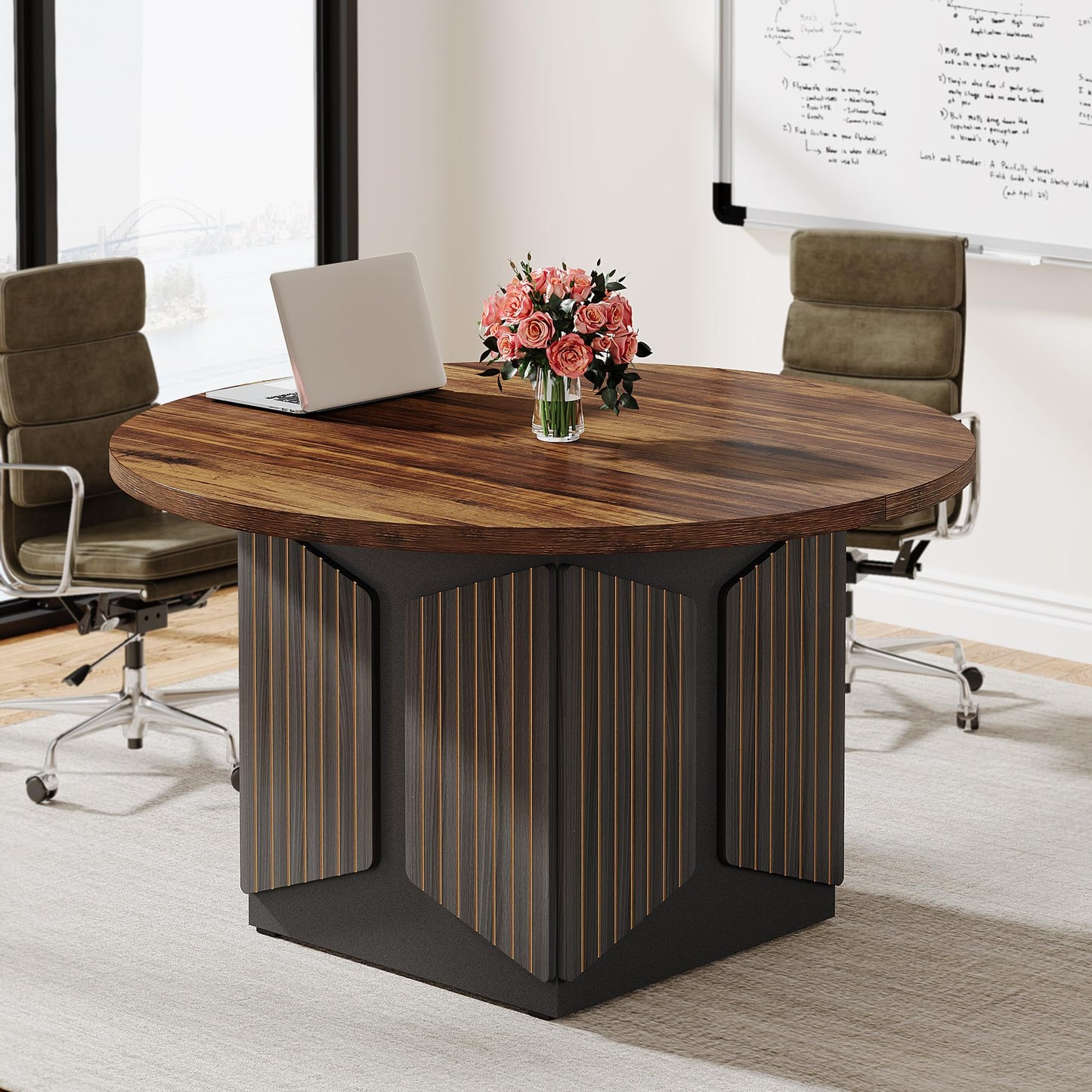 Tribesigns 47" Round Conference Table, Round Multi-Purpose Meeting Table, Reception Negotiation Table for 4, Small Business Training Seminar Table for Office Conference Room (Brown + Black) - WoodArtSupply