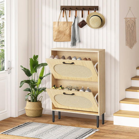 Crownland Shoe Cabinet, Shoe Storage Cabinet with 2 Flip-Out Drawers, Modern Two-Tier Shoe Rack Cabinet for Entryway, Hallway, Living Room(Wood) Crownland