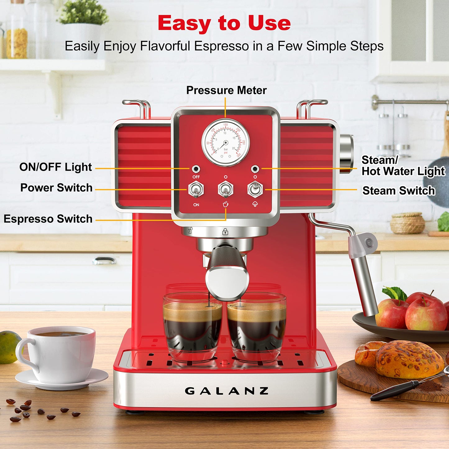 Galanz Retro Espresso Machine with Milk Frother, 15 Bar Pump Professional Cappuccino and Latte Machine, 1.5L Removable Water Tank, Retro Red, 1350 W