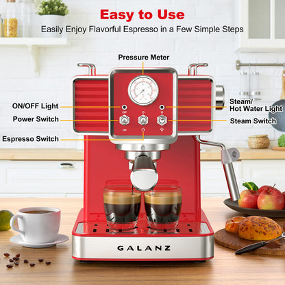 Galanz Retro Espresso Machine with Milk Frother, 15 Bar Pump Professional Cappuccino and Latte Machine, 1.5L Removable Water Tank, Retro Red, 1350 W