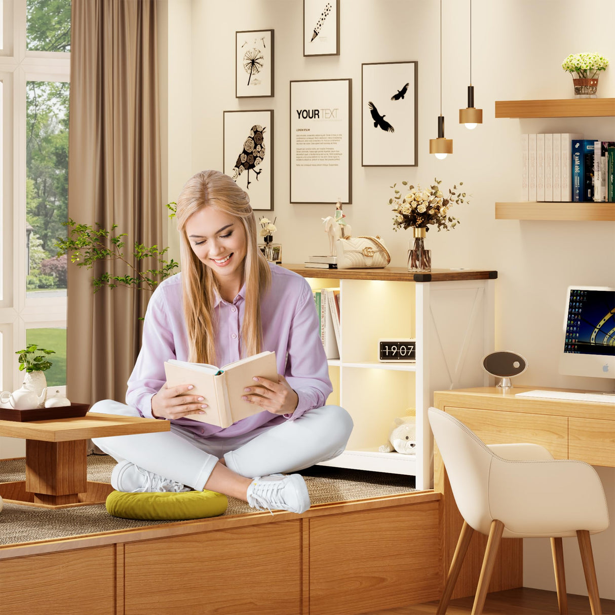 HWB Farmhouse 6 Cube White Bookcase with LED Lighting and Charging Station HWB