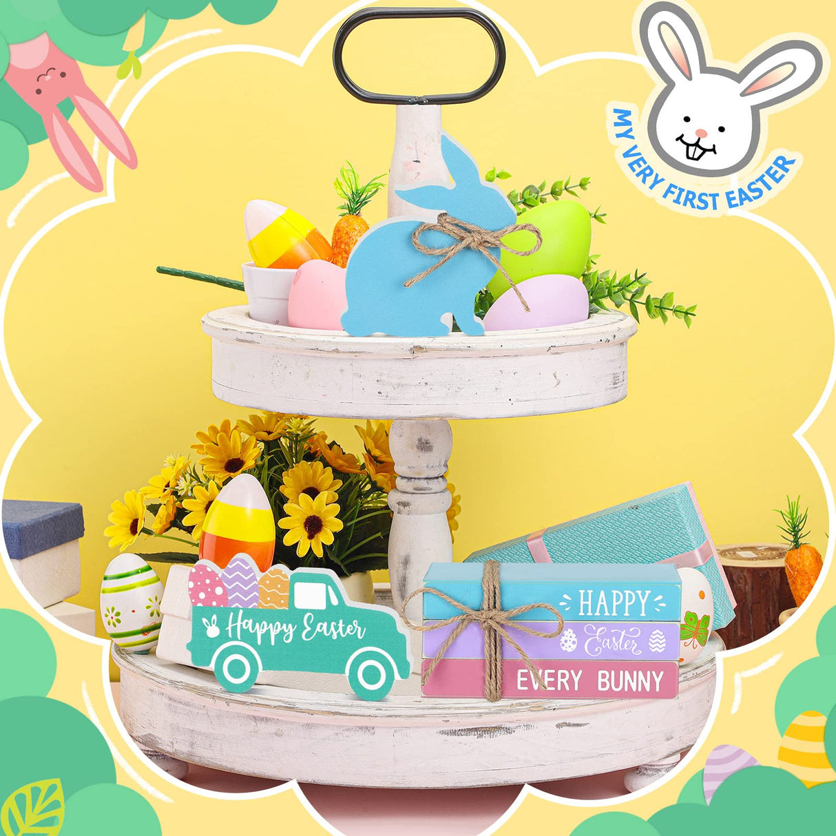 5 Pieces Easter Tiered Tray Decor Easter Farmhouse Wood Decor 3 Faux Books Bundle with Twine Easter Truck Sign and Wood Rabbit Sign Bunny Egg Spring Wooden Sign Tiered Tray for Easter Decor (Bunny) Blulu