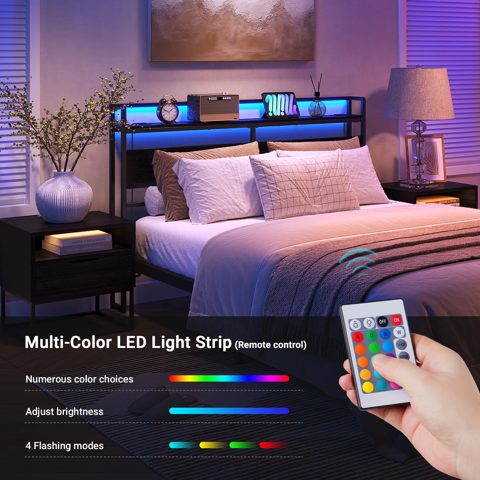 ELYKEN Queen Size Headboard with Power Outlet and Colourful LED Strip Light - Black - WoodArtSupply