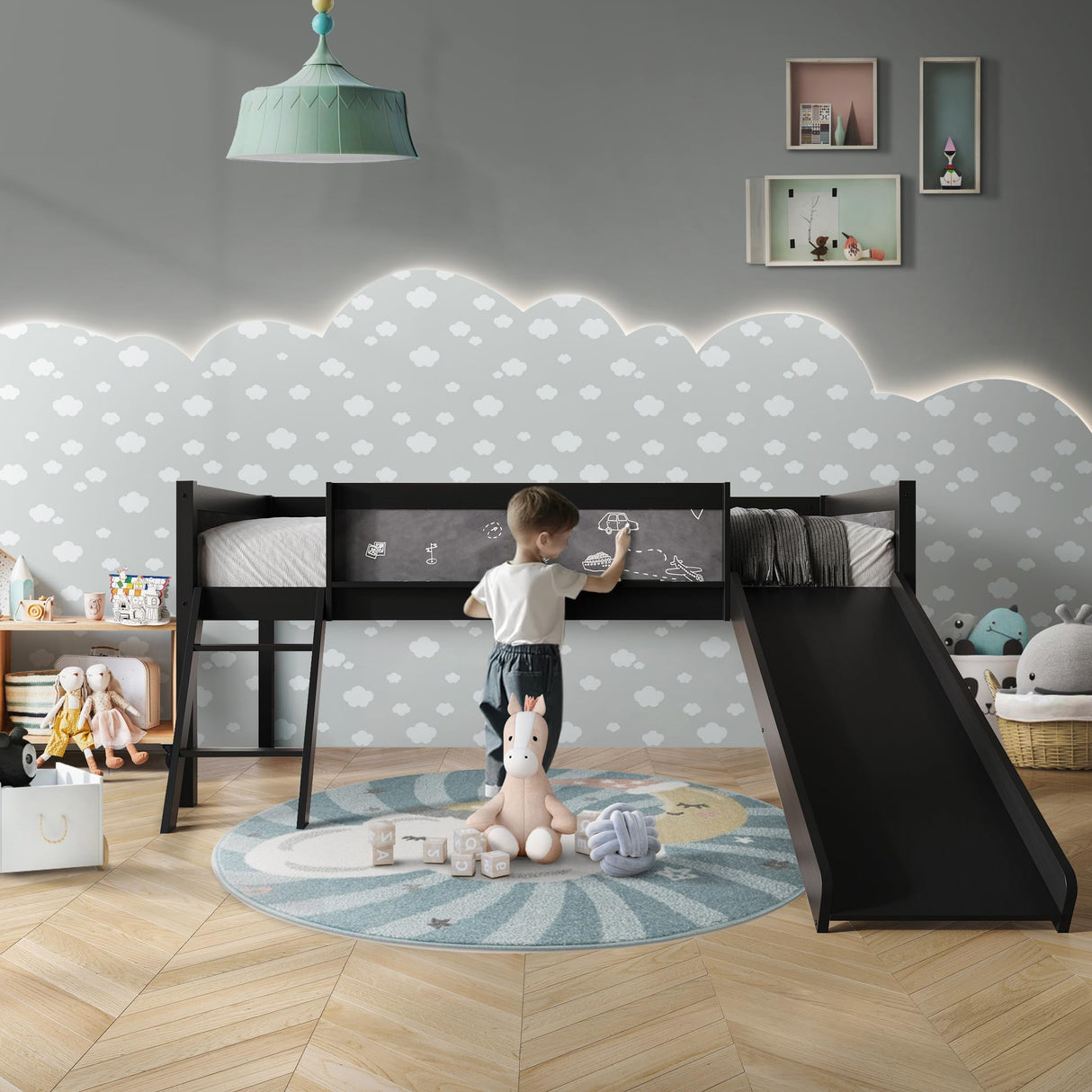 CHALETPOSH Low Loft Bed with Slide, Climbing Ladder, Chalkboard, Wood Twin Loft Bed Frame with Guardrail for Kids Toddler Boys Girls, Black CHALETPOSH