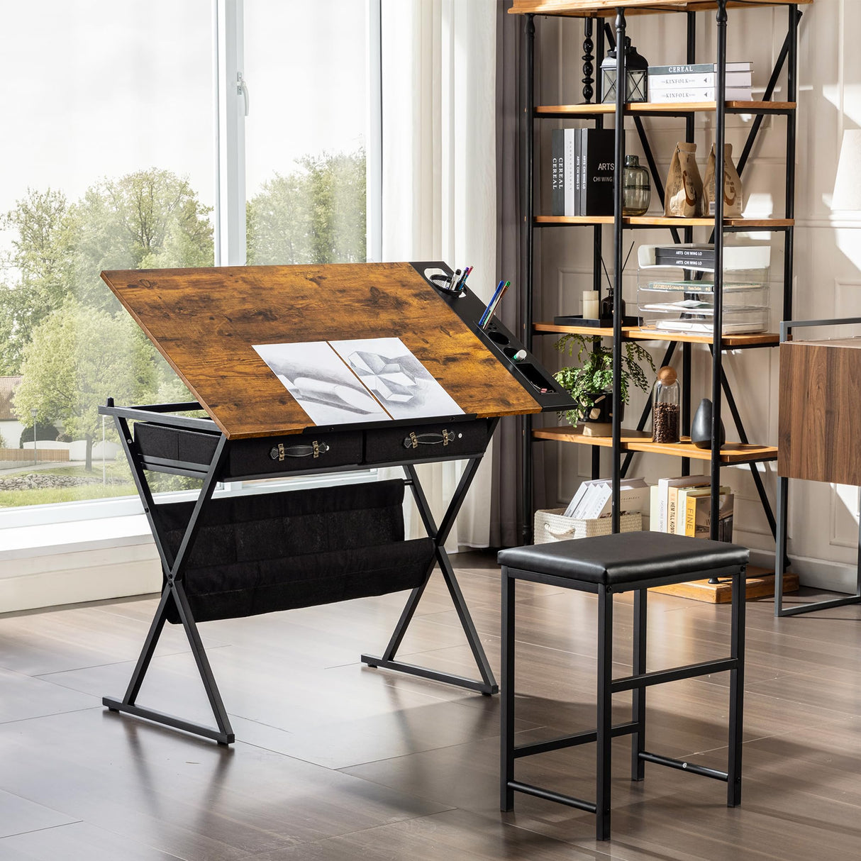 VECELO Drafting Table Adjustable Desk Tilted Tabletop with 2 Storage Drawers and Stool, Art Workstation for Artist Painters Drawing, Crafting, Reading, Writing, Home Office, Rustic Brown VECELO