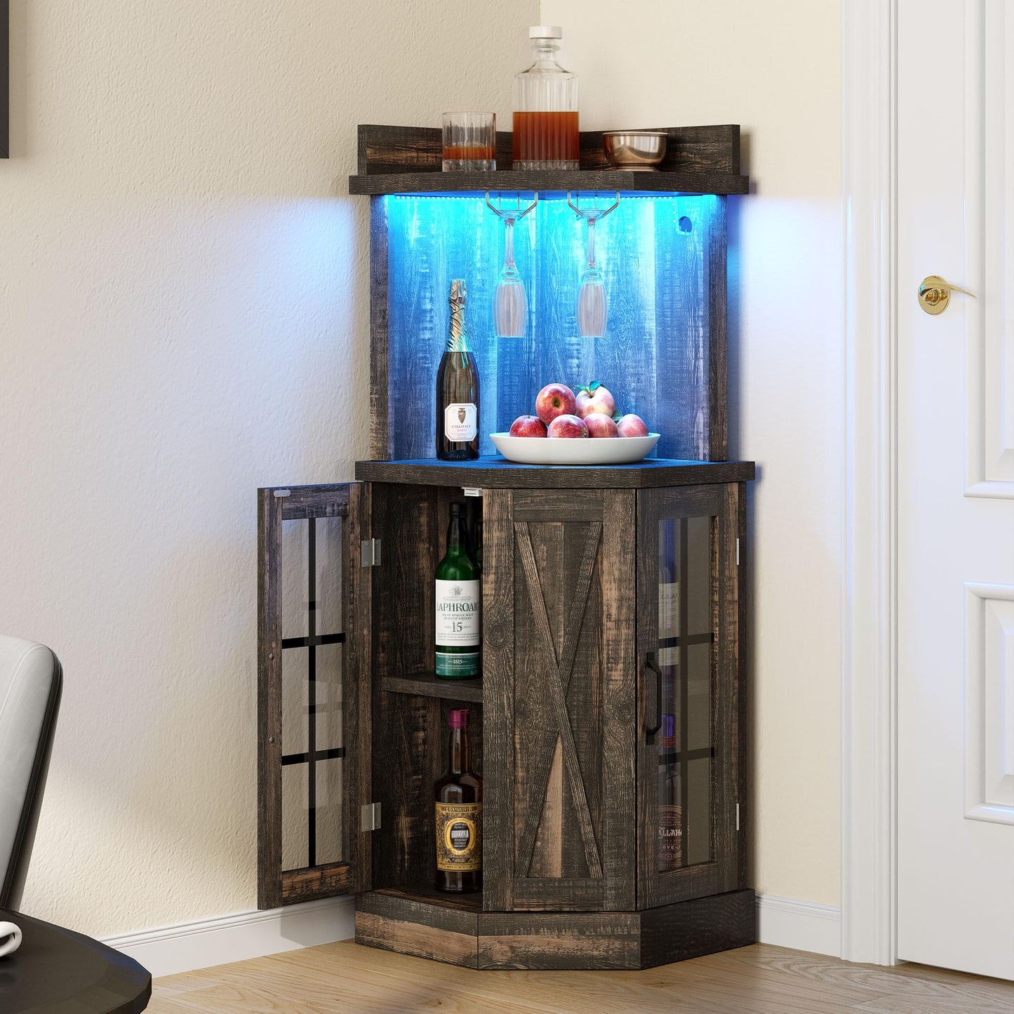 DWVO 53" Corner Bar Cabinet with Glass Door & LED Lights, Farmhouse Wine Cabinet with Glass Holder, 4-Tiers Liquor Cabinet Bar for Home Kitchen, Dining Room, Living Room, Dark Rustic Oak