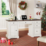Sunny Heart 60" Executive Desk, Farmhouse Wood Computer Office Desk with Drawers & Cabinet, Rustic Home Office Desk Workstation for Home, Study, Work, Writing, Antique White Sunny Heart