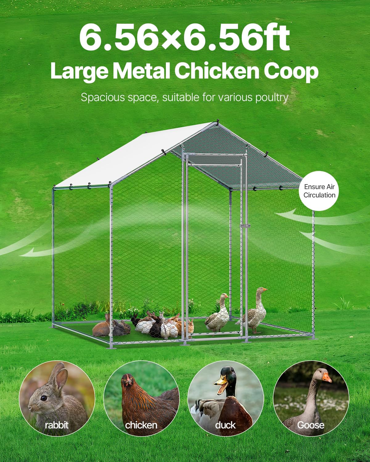 VEVOR Metal Chicken Coop, 6.56x6.56x6.56ft Walk in Chicken Runs for Yards with Cover, Spire Roof Hen House Enclosure with Security Lock, Outdoor Duck Rabbit Poultry Cage Pen for Backyard, Farm, Yard VEVOR