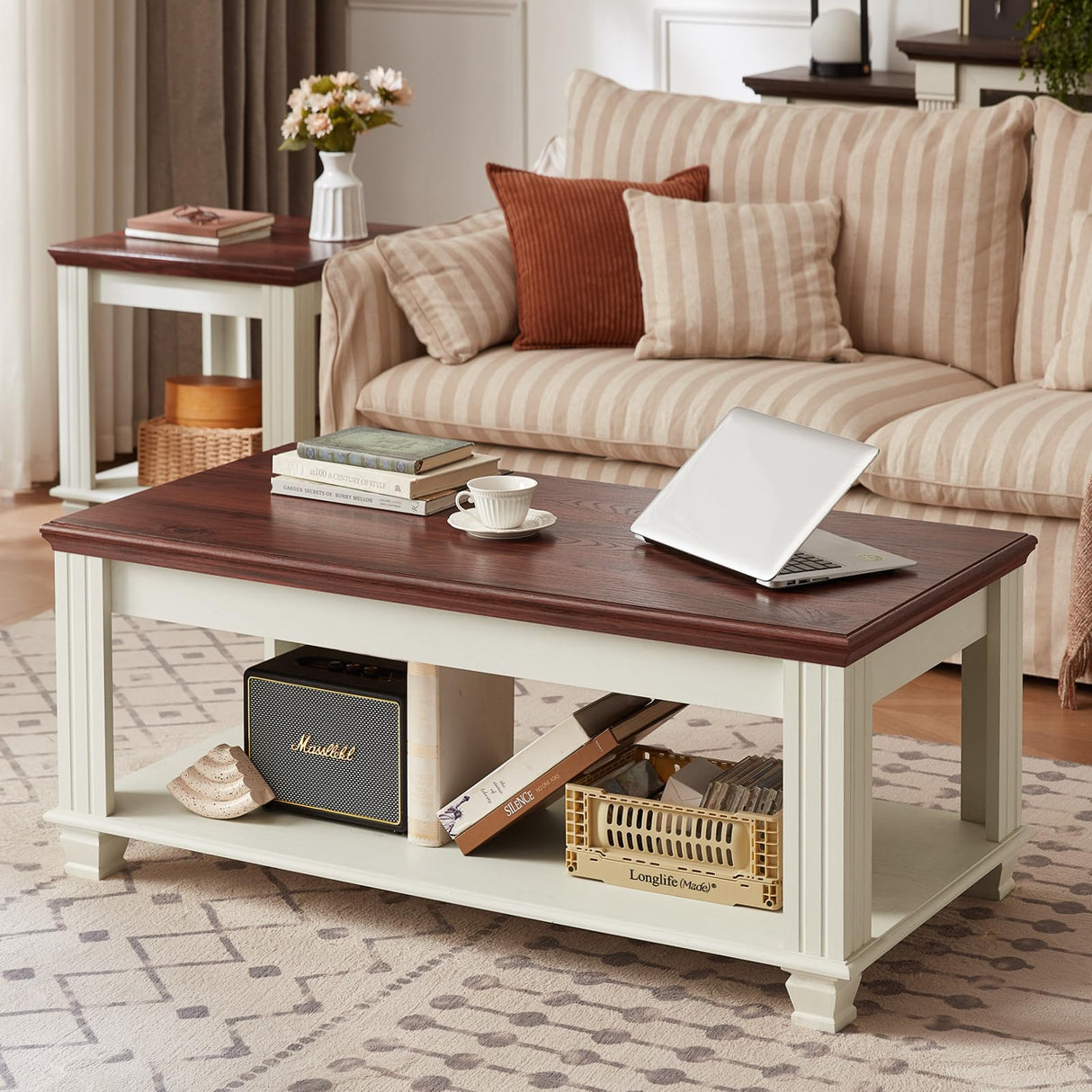 SAVOR LIFE Farmhouse Coffee Tables for Living Room,Square Tea Table with Open Storage Shelf,Large Coffee Table,Rustic Wooden Center Table,White SAVOR LIFE