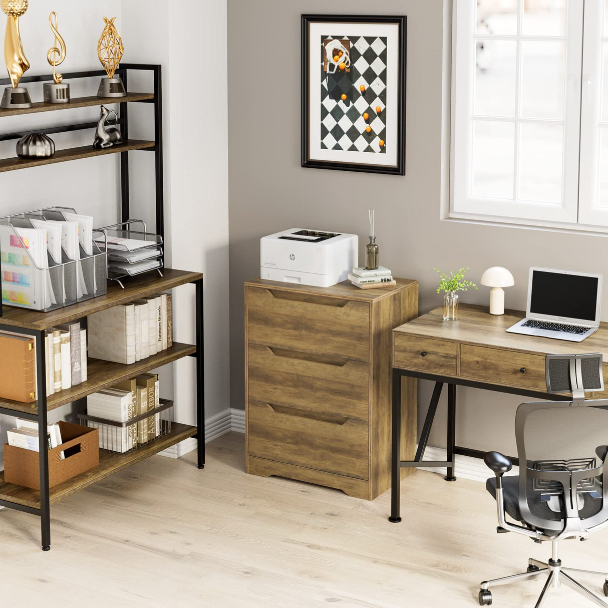 HOSTACK Modern 3 Drawer Dresser, Wood Chest of Drawers with Storage, Tall Nightstand with Cut-Out Handles, Side End Table, Accent Storage Cabinet for Living Room, Entryway, Rustic Brown HOSTACK