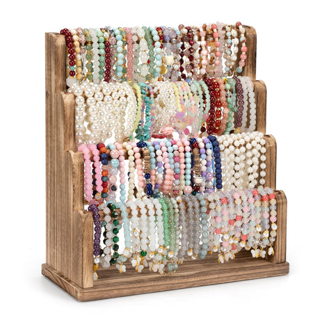 Emfogo Bracelet Holder, 4 Tier Bracelet Organizer Storage for Bracelets Bangles Watch Scrunchies, Rustic Wood Jewelry Organizer Display for Home, Vendors, Craft Shows and Store(Rustic Brown) Emfogo