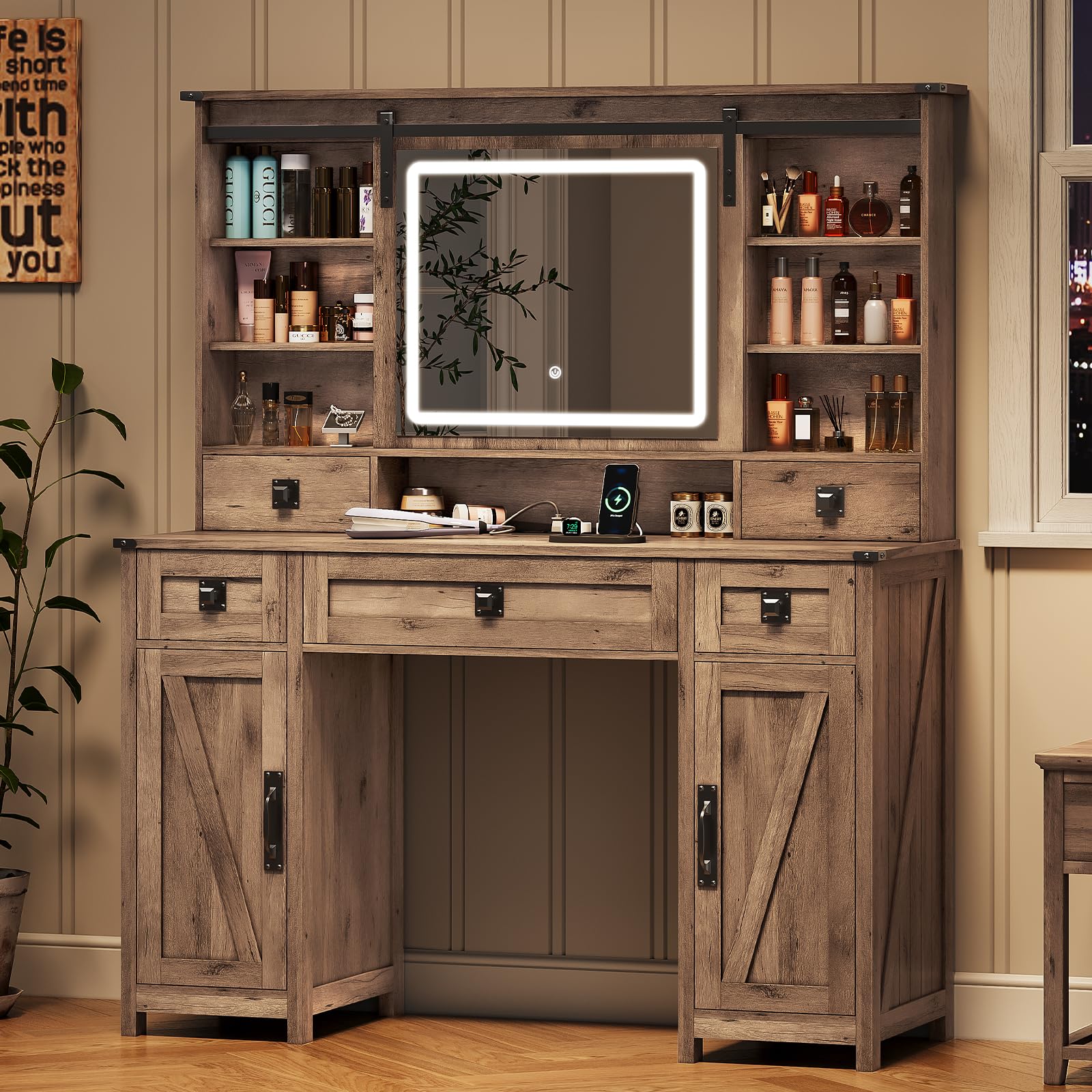 Makeup Vanity Desk with Lights, 47.2" Farmhouse Vanity Table with Sliding Mirror & Charging Station, Large Makeup Desk with 5 Drawers & 2 Cabinets, Rustic Oak - WoodArtSupply