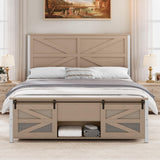 YITAHOME Queen Size Farmhouse Wood Bed Frame with Sliding Barn Door Storage Cabinets and Headboard, Solid Wood Slats Support, Noiseless, No Box Spring Needed, Rustic Brown YITAHOME