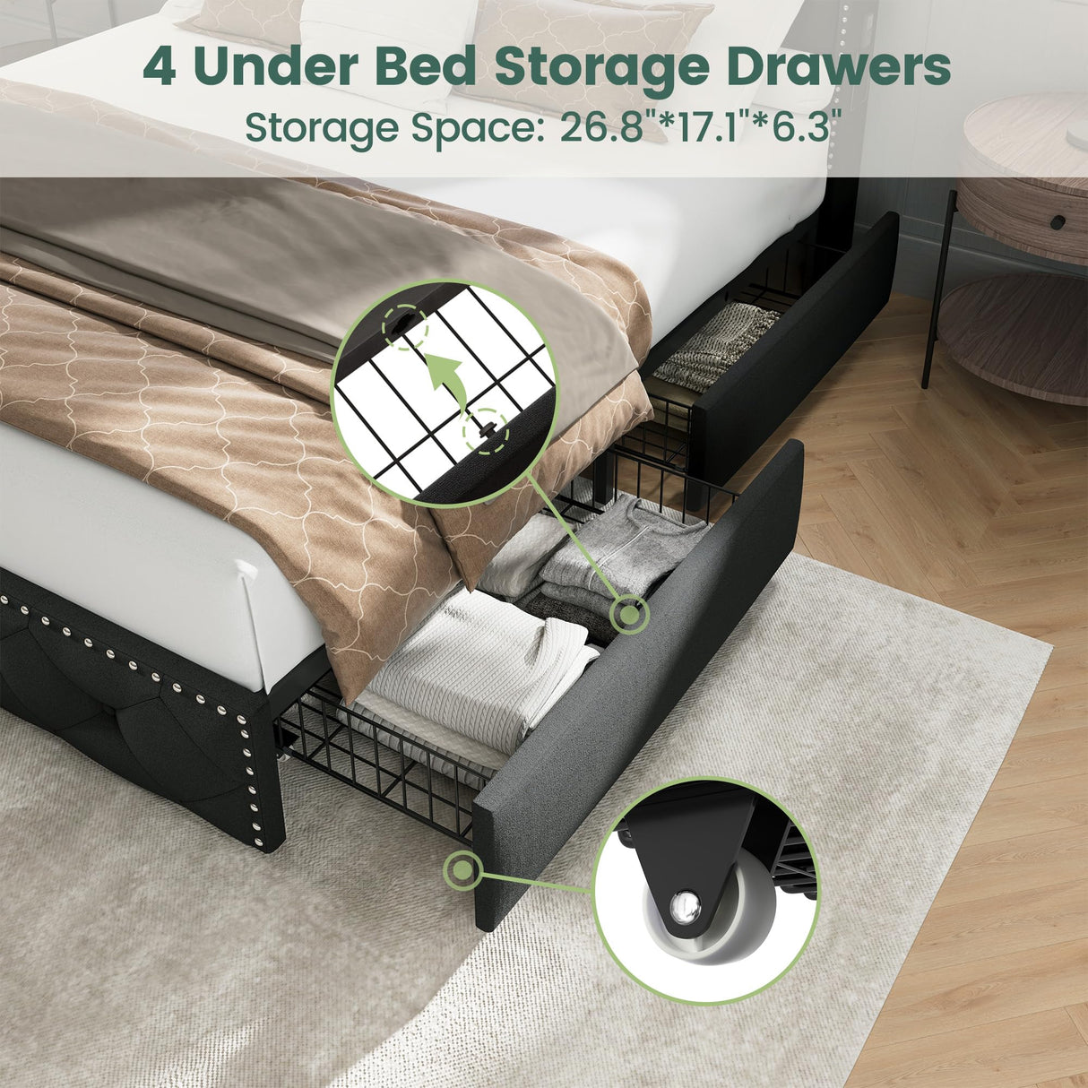 LARMACE Queen Size Bed Frame with Storage & LED Lights & USB Charging Station, Velvet Upholstered Platform Bed with Headboard and 4 Drawers, No Box Spring Needed, Easy Assembly, Black LARMACE