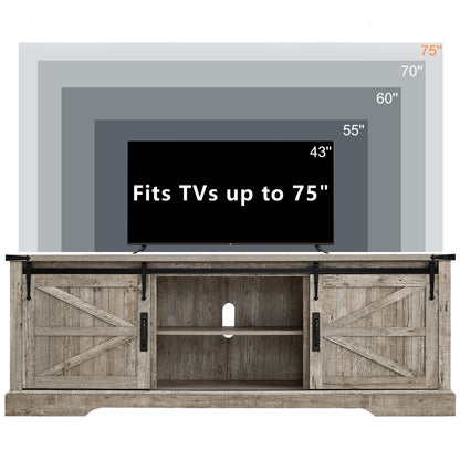 OKD Farmhouse TV Stand for 75 Inch TV, Rustic Entertainment Center w/Sliding Barn Door Wood Media Console Cabinet 66 Inch Long Television Stands for 70 Inch TVs, Light Rustic Oak - WoodArtSupply