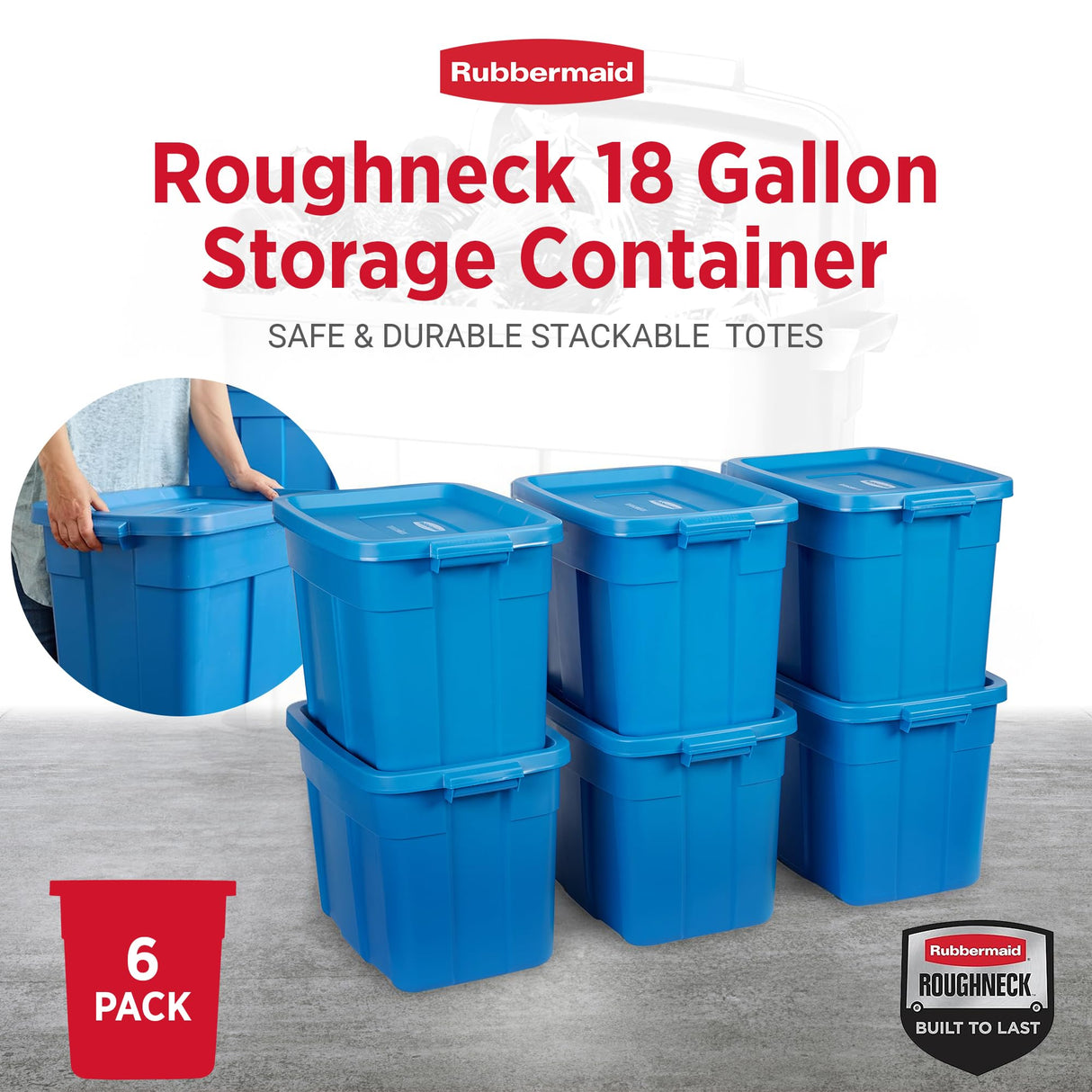 Rubbermaid Roughneck Tote 18 Gal, 6 Pack, Made in USA, Heritage Blue, Rugged Plastic Stackable Storage Bins with Lids and Handles Rubbermaid