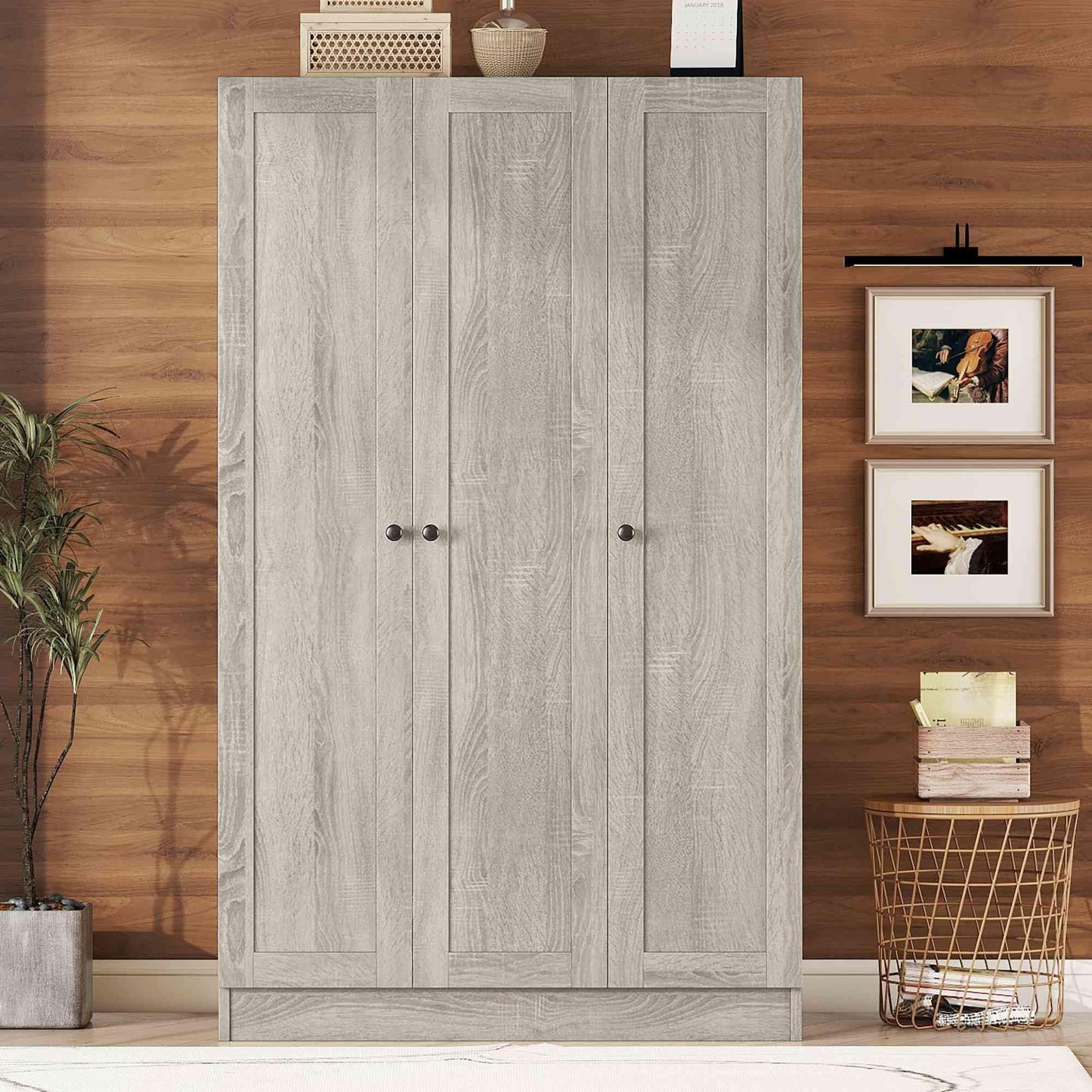 ATY 3-Door Wardrobe Closet with Shelves and Hanging Rod, Wooden Freestanding Armoire, Clothes Organizer Cabinet for Bedroom, Guestroom, Gray