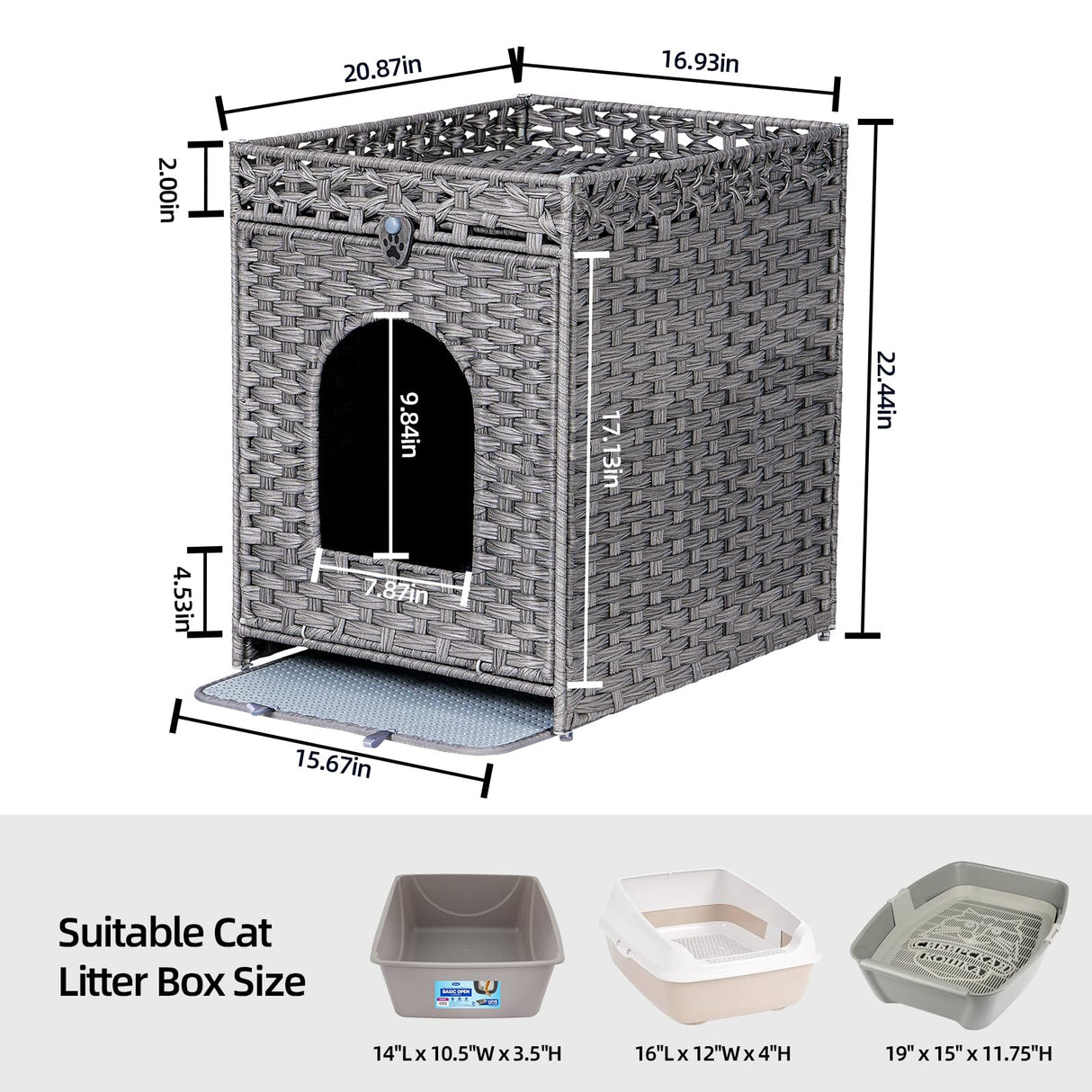 Snughome Cat Litter Box Enclosure with Cat Litter Mat, Hidden Cat Washroom Furniture with Door, Handwoven Rattan Cat Washroom Box, Indoor Pet House Storage for Living Room, Bedroom, Balcony (Grey) Snughome