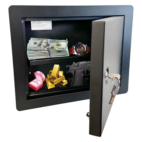 In-Wall Safe with Key Lock – Heavy-Duty Steel Lockable Hidden Wall Compartment for Secure Storage, Wall Safe Box for Jewelry, Cash, and Documents – 15.75-Inch Exterior Width, Black Plugsharge