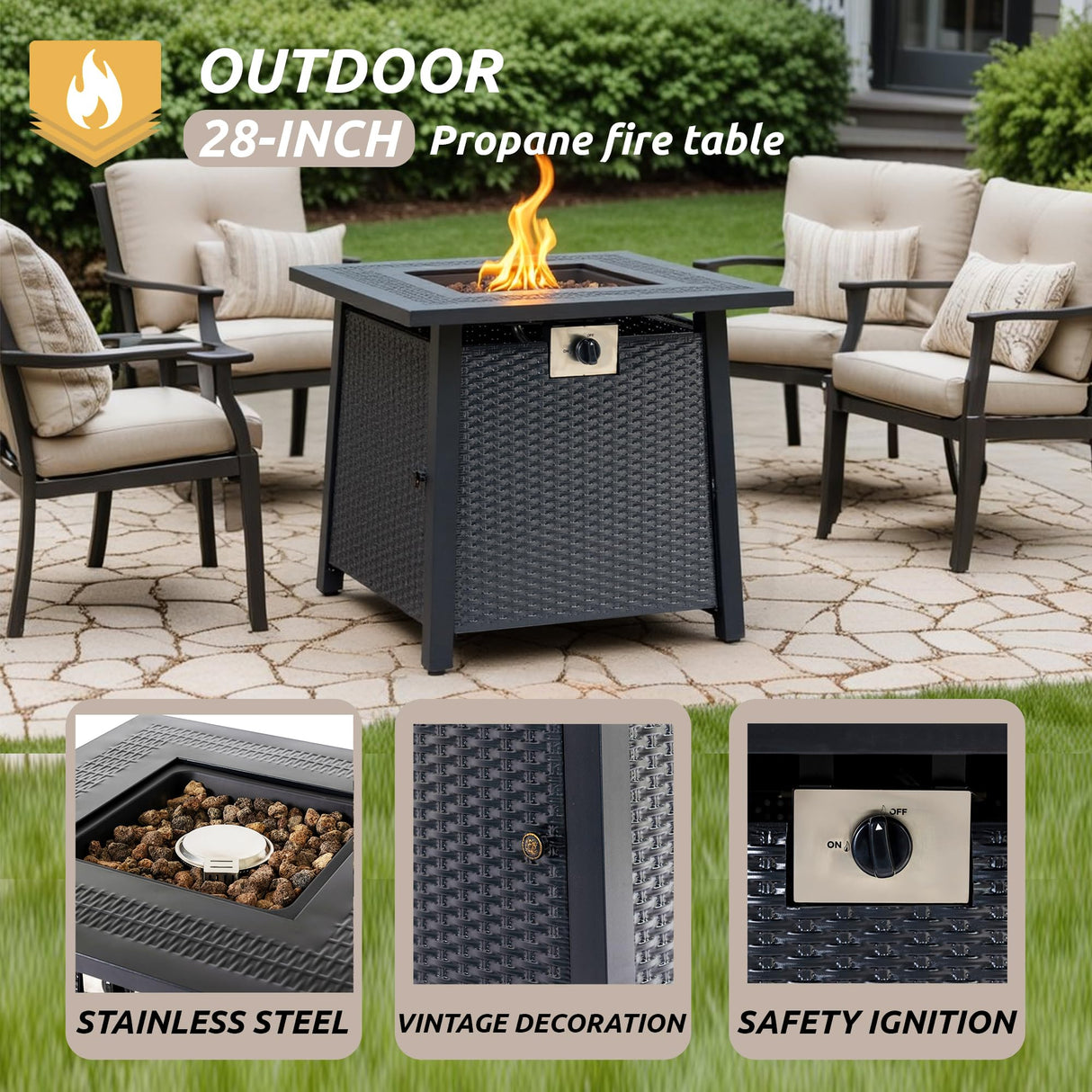 NIGOME Propane Fire Pit Table,Out Door Fire Pits & Fireplaces,Gas Fire Pit with Lid and Lava Rock.Square Black Fire Pit Table on Patio Deck & Garden Backyard. (Raven‌ Black, 28-inch) Nigome