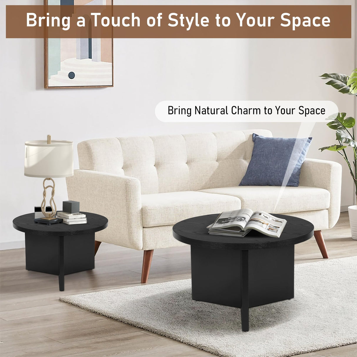 QuicMiou Round Nesting Coffee Table Set of 2, Modern Stacking Table with Wood Grain Finish, End Table Side Tables for Living Room (Black) QuicMiou