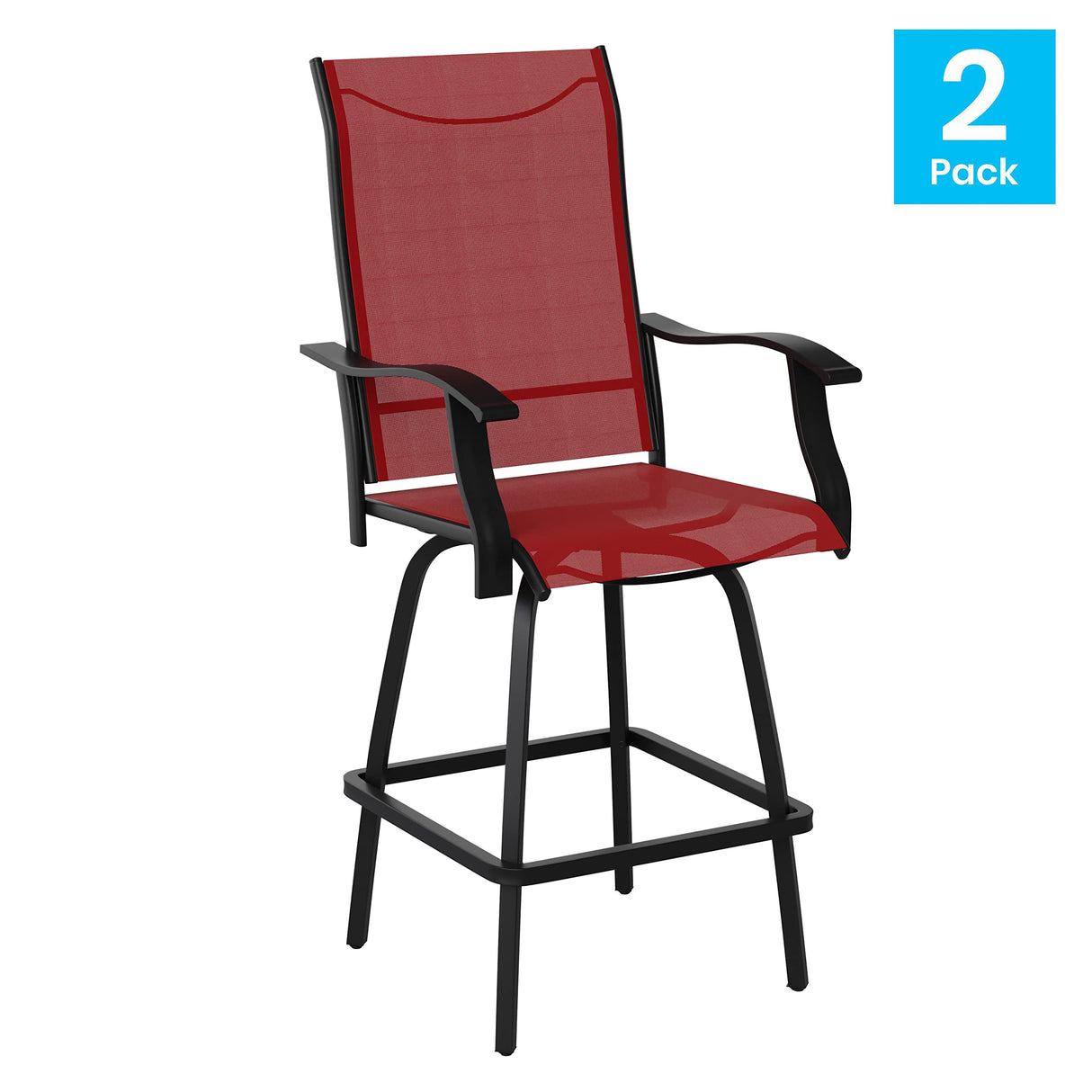 Flash Furniture Valerie Patio Bar Height Stools Set of 2, All-Weather Textilene Swivel Patio Stools with High Back & Armrests in Red Flash Furniture