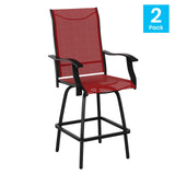 Flash Furniture Valerie Patio Bar Height Stools Set of 2, All-Weather Textilene Swivel Patio Stools with High Back & Armrests in Red Flash Furniture