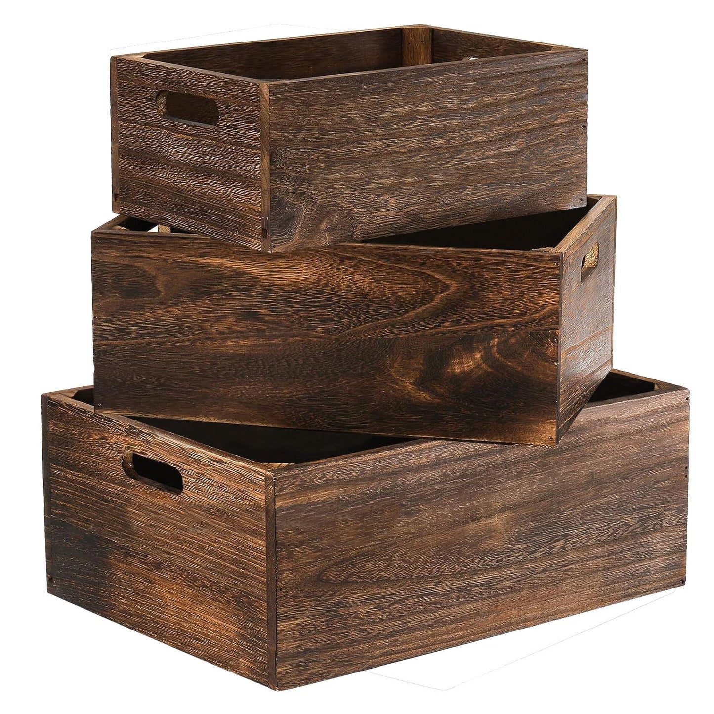 Hyuetrsa Set of 3 Wood Crate Box,Wood Nesting Storage Crates with Handle,Rustic Decorative Farmhouse Wooden Crates,Handmade Natural Solid Wood Box for Closet Shelf and Kitchen Storage