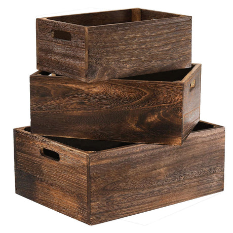 Hyuetrsa Set of 3 Wood Crate Box,Wood Nesting Storage Crates with Handle,Rustic Decorative Farmhouse Wooden Crates,Handmade Natural Solid Wood Box for Closet Shelf and Kitchen Storage Hyuetrsa