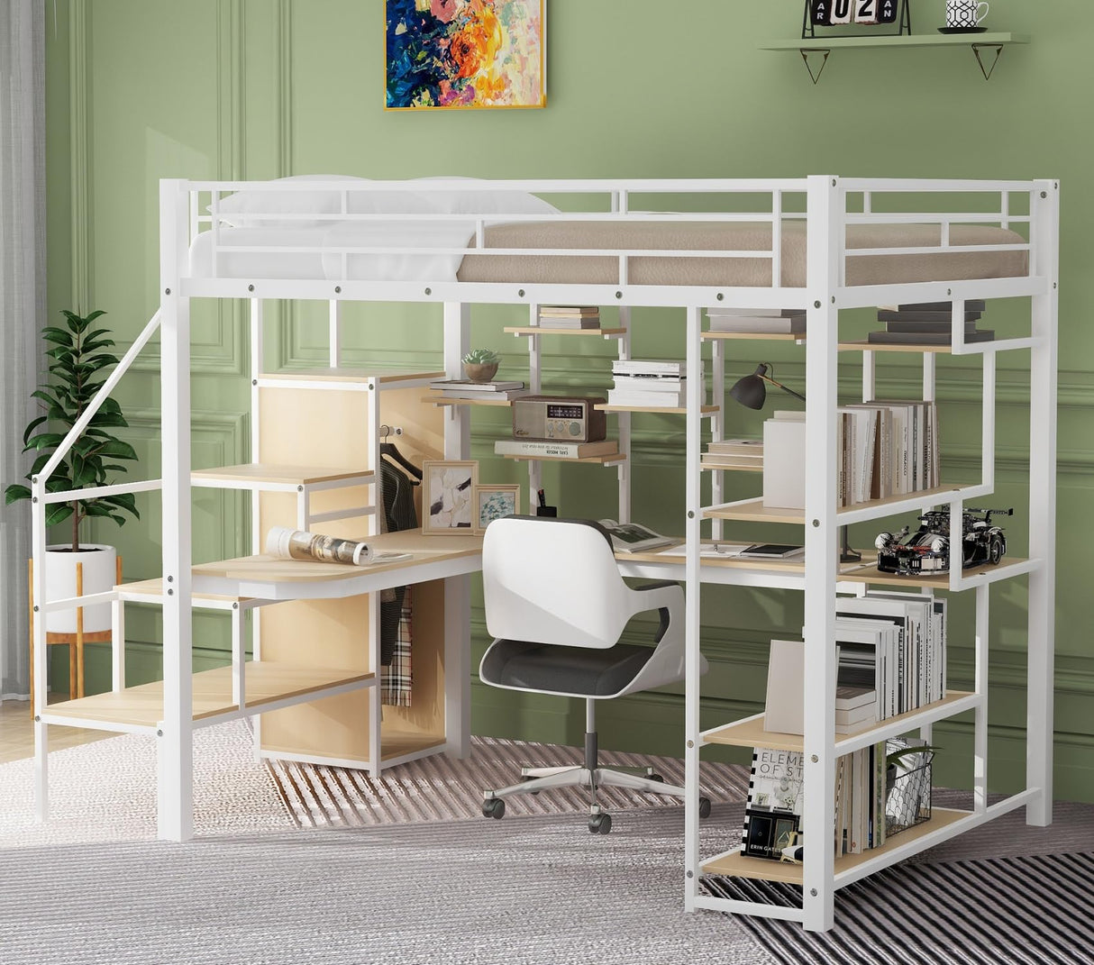 Merax Metal Full Size Loft Bed Frame with Built-in Desk & Storage Stair & Shelves & Wardrobe for Kids, No Box Spring Needed, White Merax