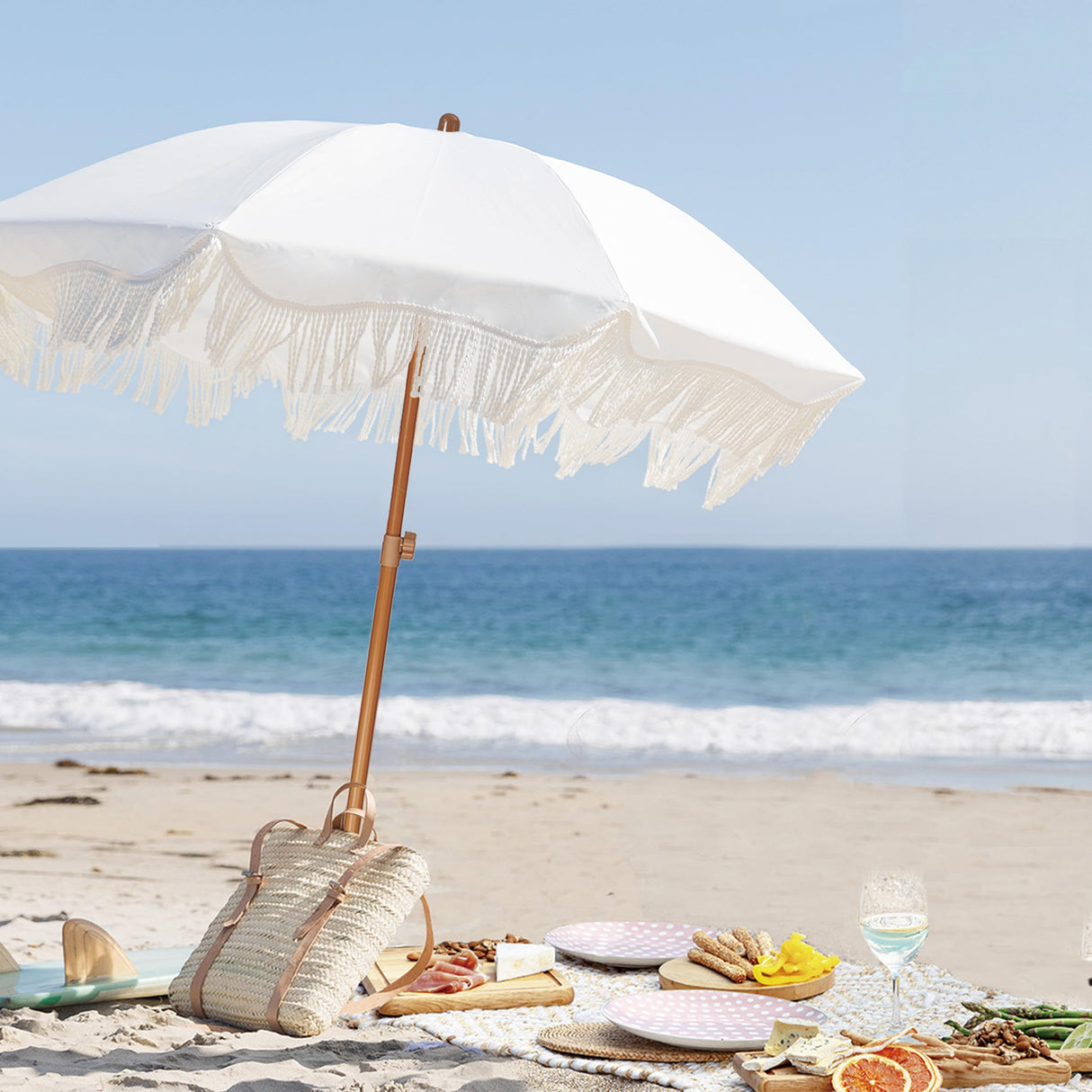 AMMSUN Boho Fringe Umbrella Outdoor Patio, 6.5ft UPF50+ Picnic Umbrella with Tassels with Steel Pole and Push Button Tilt, Antique White AMMSUN