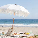 AMMSUN Boho Fringe Umbrella Outdoor Patio, 6.5ft UPF50+ Picnic Umbrella with Tassels with Steel Pole and Push Button Tilt, Antique White AMMSUN