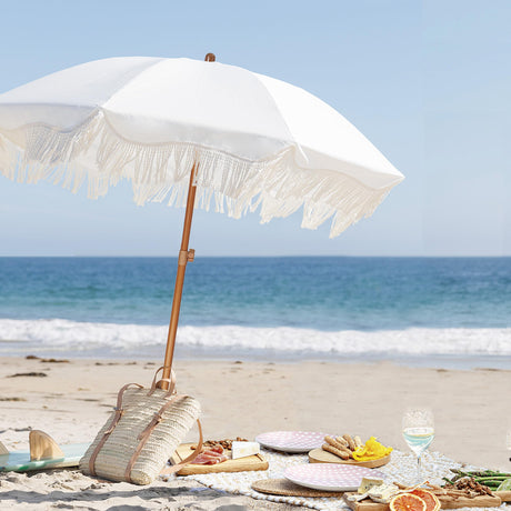 AMMSUN Boho Fringe Umbrella Outdoor Patio, 6.5ft UPF50+ Picnic Umbrella with Tassels with Steel Pole and Push Button Tilt, Antique White AMMSUN