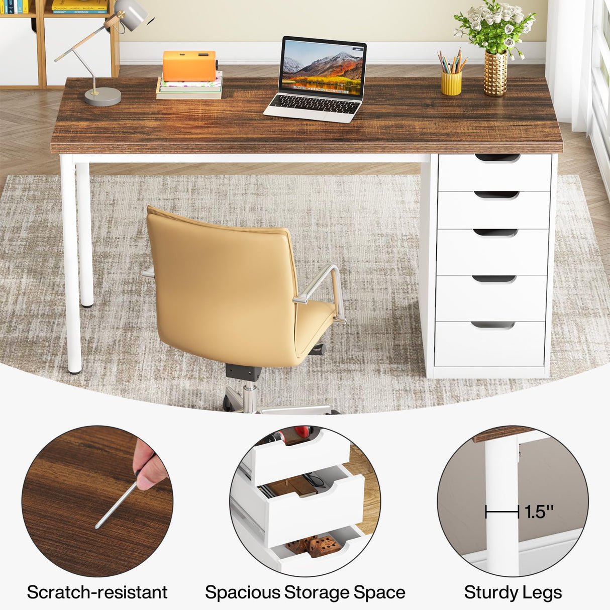 Tribesigns Computer Desk with 5 Drawers, 47 inches Rustic Brown Home Office Desk with Storage, Modern Simple Laptop Desk Study Writing Table for Small Spaces (Reversible Drawer Cabinet) Tribesigns