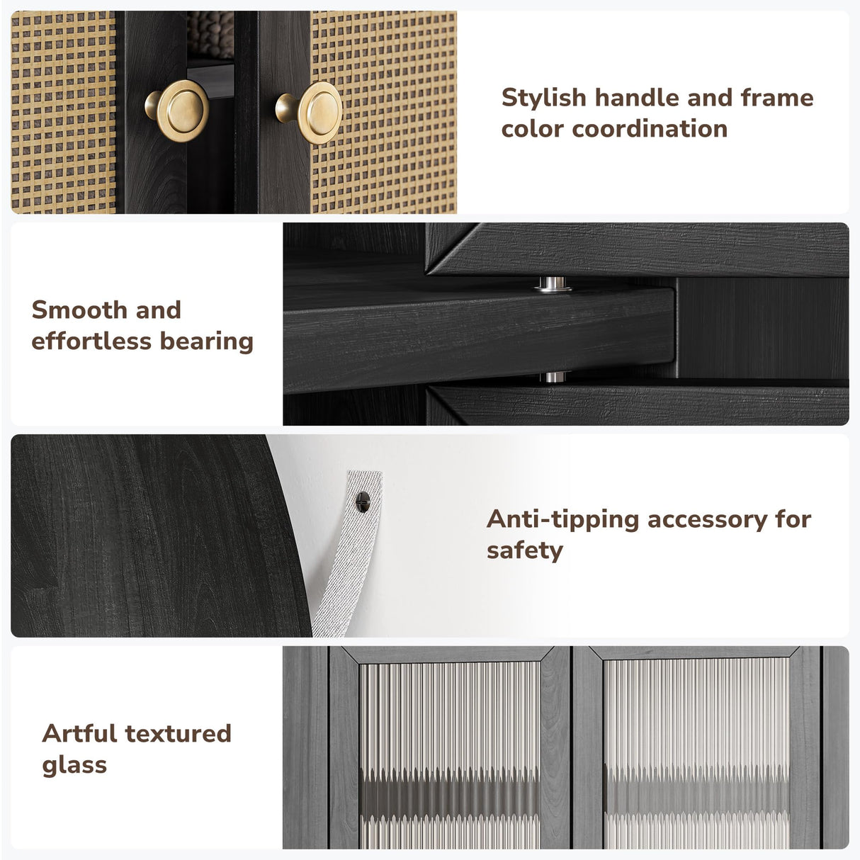 BELLEZE Set of 2 Storage Cabinet with Reeded Glass Doors, Arched Bookcase Decorated with Rattan Door, 65 Inch Freestanding Curio Cabinet for Home Living Room and Kitchen, Black BELLEZE