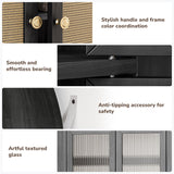 BELLEZE Set of 2 Storage Cabinet with Reeded Glass Doors, Arched Bookcase Decorated with Rattan Door, 65 Inch Freestanding Curio Cabinet for Home Living Room and Kitchen, Black BELLEZE