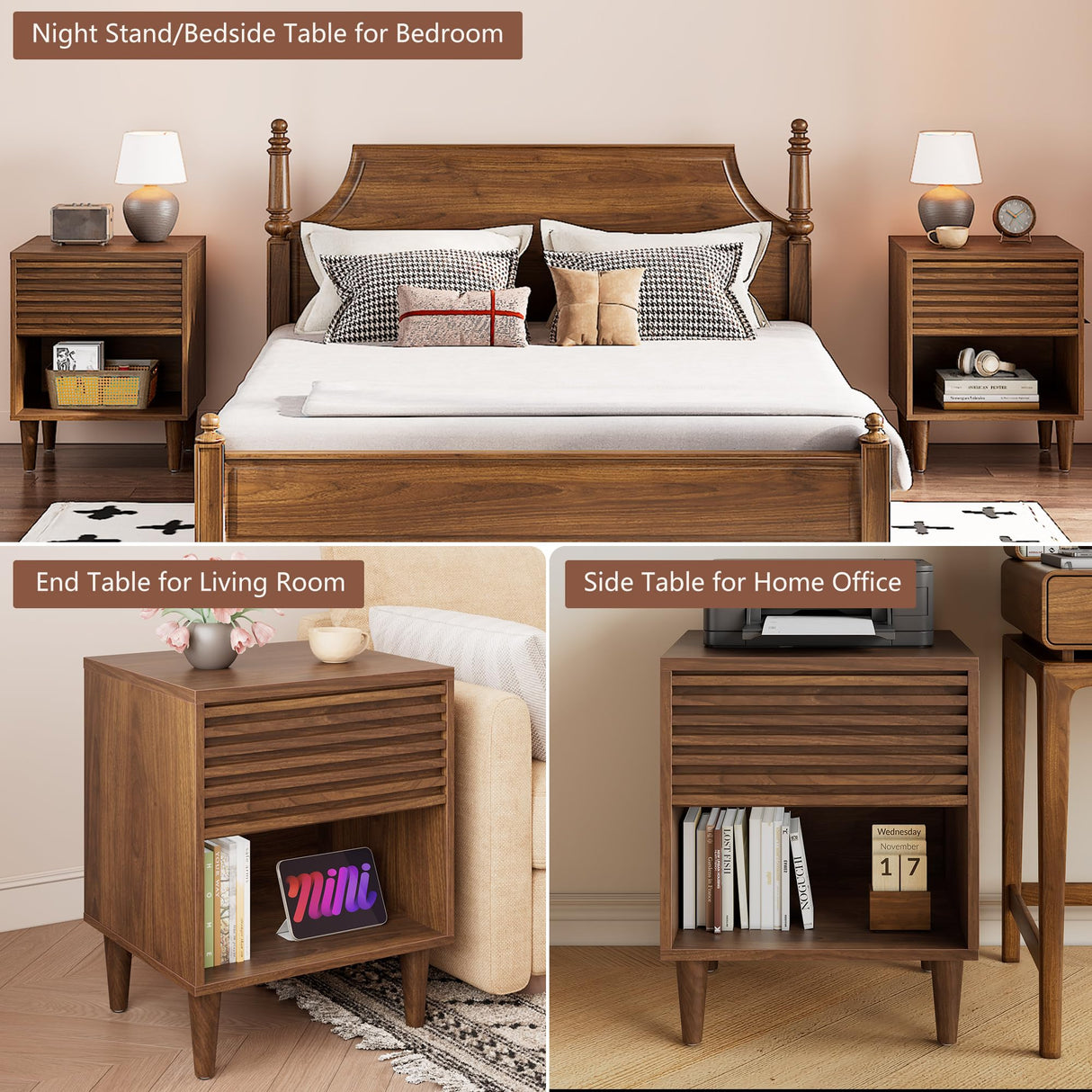 Alohappy Nightstand Set of 2, Mid Century Modern Nightstand, Wood Fluted Bedside Table with Drawer and Storage for Bedroom, Side Table, Accent Table, End Table for Living Room, Brown, 2pcs Alohappy