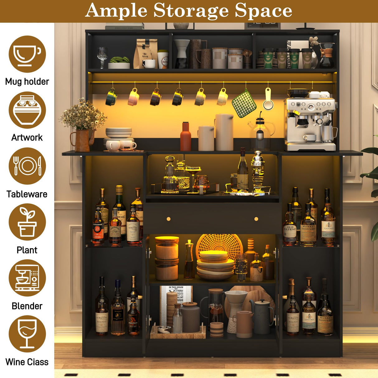 Black Coffee Bar Cabinet with Hutch & LED Lights, 70" Tall Buffet Buffet Cabinet with Storage,Modern Kitchen Sideboard Glass Doors Tall Coffee Hutch with Microwave Stand Glass Shelf Dining Room chartustriable