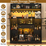Black Coffee Bar Cabinet with Hutch & LED Lights, 70" Tall Buffet Buffet Cabinet with Storage,Modern Kitchen Sideboard Glass Doors Tall Coffee Hutch with Microwave Stand Glass Shelf Dining Room chartustriable