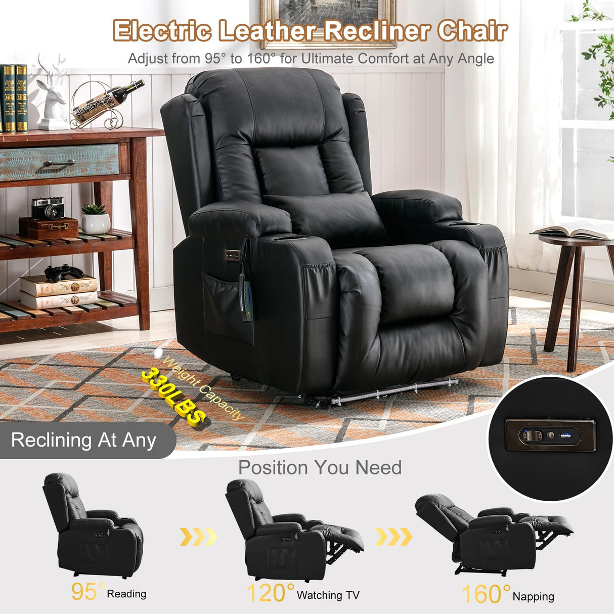 IPKIG Power Recliner Chair with Led Light - Faux Leather Overstuffed Home Theater Recliner w/Massage Heat/Lumbar Pillow/USB Port/Cup Holders/Side Pockets, Movie Gaming Reclining Chair (2 Sets, Black) IPKIG